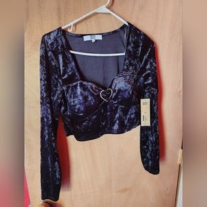 MADDEN NYC Long Sleeve Velvet Crop Top with Heart Rhinestone Centerpiece